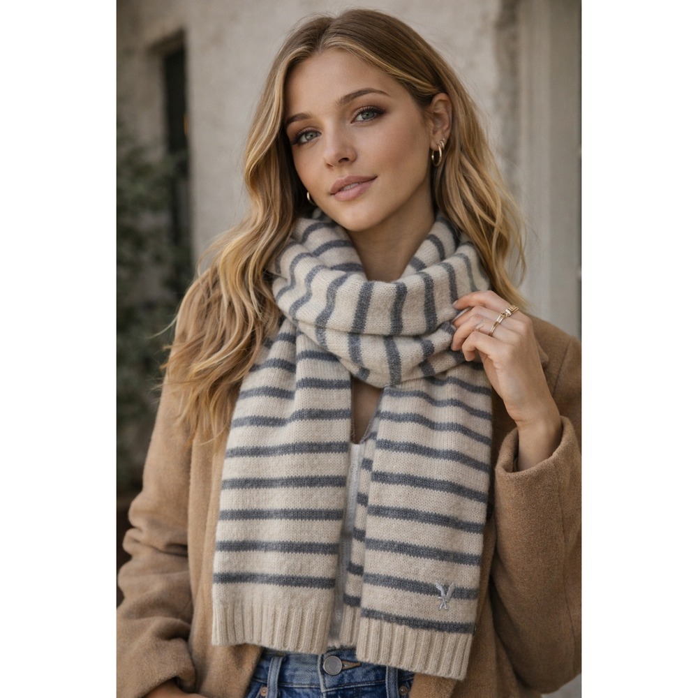 American‎ Eagle Wool Blend Striped Scarf Neutral Preppy Old Money Winter